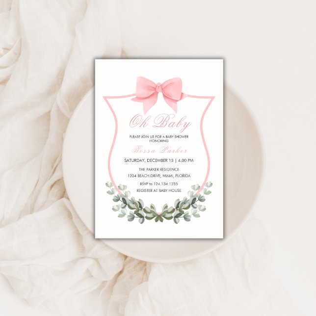 Pink Simple Bow Eucalyptus Wappen Girl Baby Showro Einladung (Pink Simple Bow Eucalyptus Crest Girl Baby Shower Invitation)