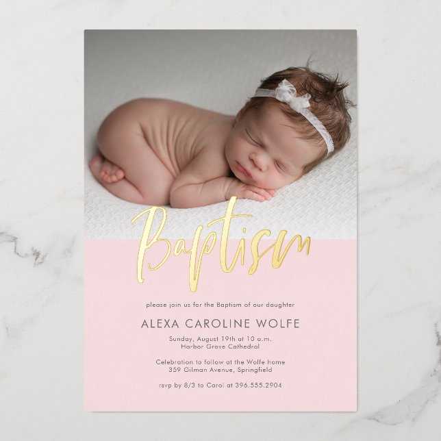 Pink Simple Modern Calligraphy Baptisse Foto Folieneinladung (Vorderseite)