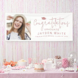 Pink Simple Modern Script Foto Graduation Party Banner