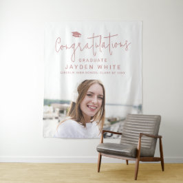 Pink Simple Modern Script Foto Graduation Party Wandteppich