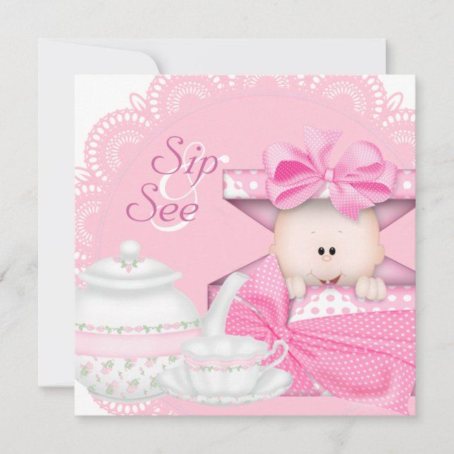 Pink Sip und Baby Girl Dusche Einladung (Vorderseite)