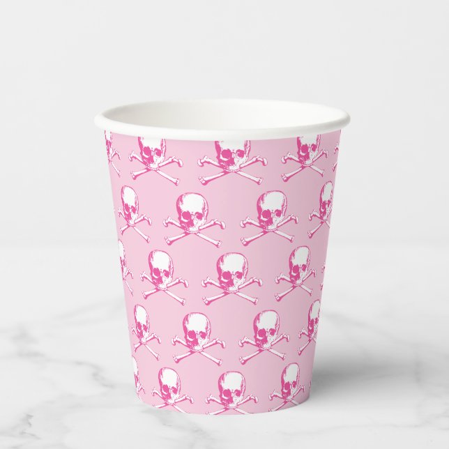 Pink Skull and Crossbones Muster Papier Cup Pappbecher (Vorderseite)