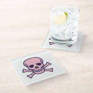 Pink Skull on Bones clear glass Untersetzer