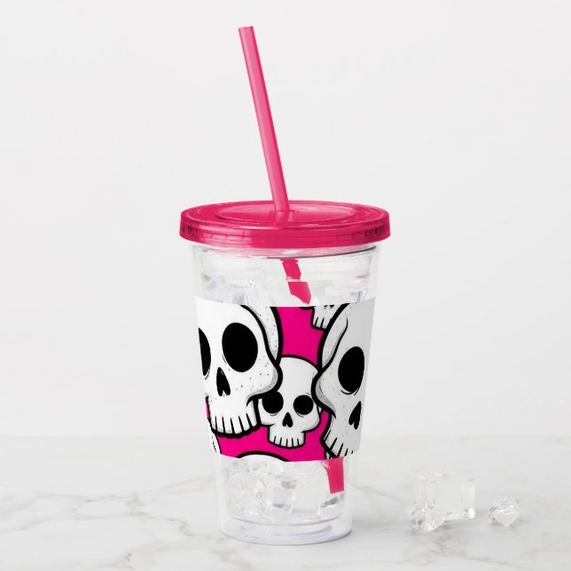 Pink Skull Pattern Acrylic Tumbler Acryltrinkbecher (Vorderseite Ice)