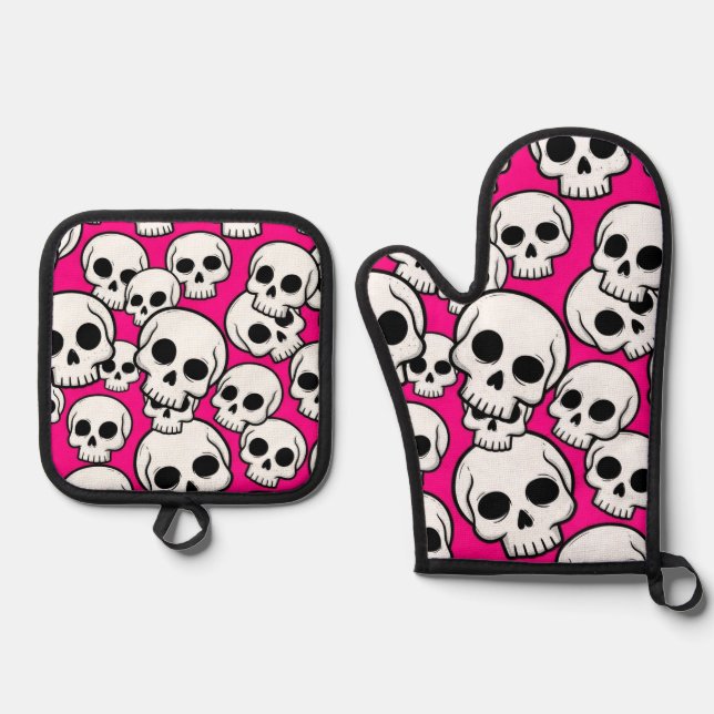 Pink Skull Pattern Ofenhandschuh & Topflappen-Set (Vorderseite)