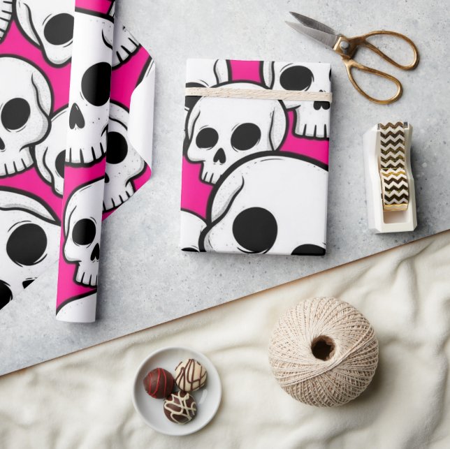 Pink Skull Pattern Wrapping Paper Geschenkpapier (Kunsthandwerk)