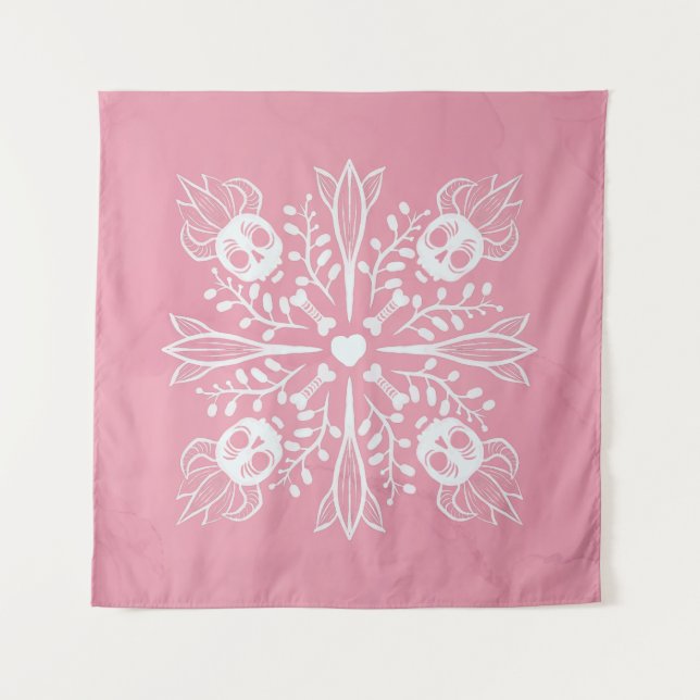 Pink Skulls Pastel Goth Kawaii Niedlicher Horror Wandteppich (Vorderseite)