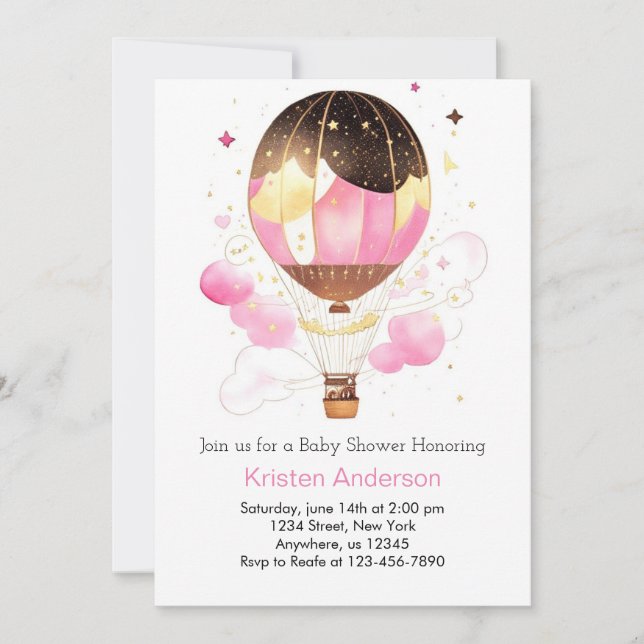 Pink Sky Balloon Adventure Girl Baby Dusche Einladung (Vorderseite)