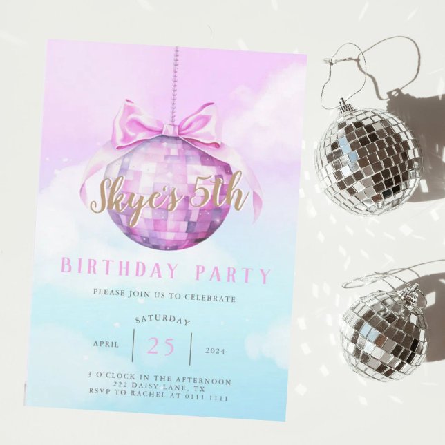 Pink Sky Discoball Girl Geburtstagsfeier Einladung (Pink Discoball Y2K Girl Birthday )