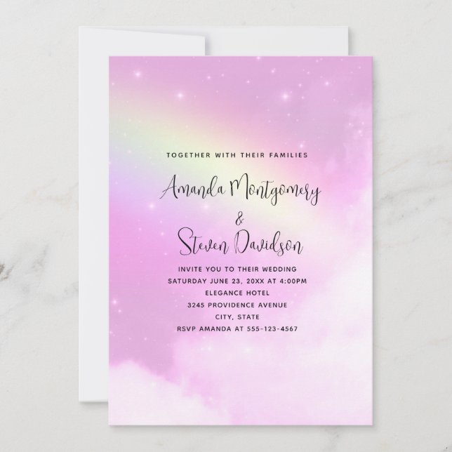 Pink Sky mit Lemon Yellow Rainbow Wedding Einladung (Vorderseite)