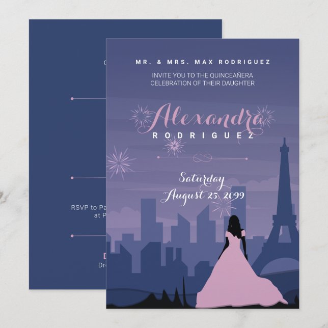 Pink & Slate Blue Paris Feuerwerk Quinceañera Einladung (Vorne/Hinten)