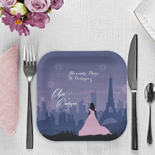 Pink & Slate Blue Paris Feuerwerk Quinceañera Tri Pappteller