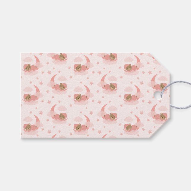 Pink Sleeping Baby Bear auf Mond Wolken & Stars Geschenkanhänger (Vorderseite (Horizontal))