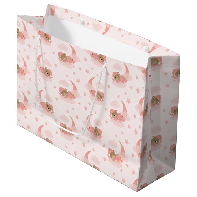 Pink Sleeping Baby Bear auf Mond Wolken & Stars Große Geschenktüte (Vorderseite Schrägansicht)