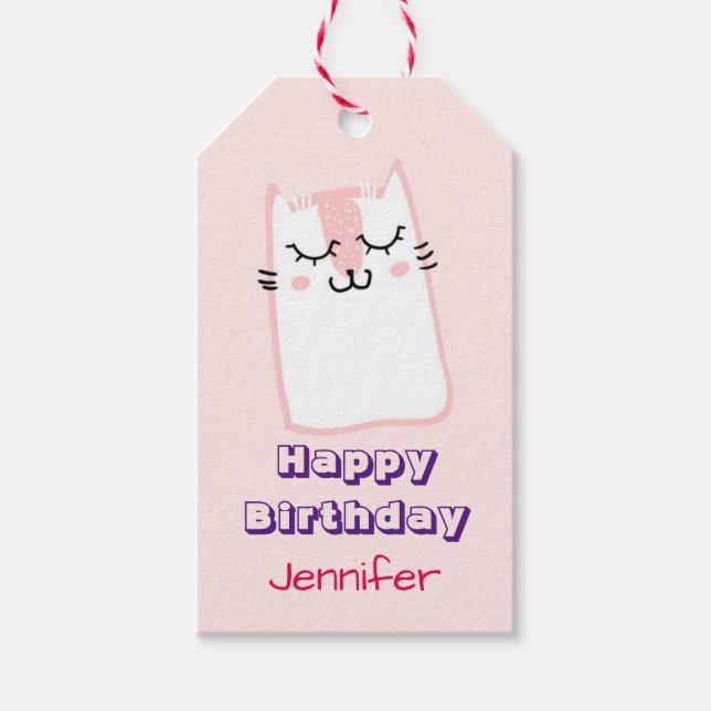 Pink Sleeping Kitty Cat Geburtstag Geschenkanhänger (Vorderseite)