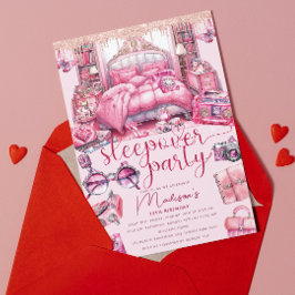 Pink Sleepover Girl Geburtstags-Glitzer Einladung