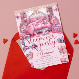 Pink Sleepover Girl Geburtstags-Glitzer Einladung