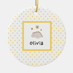 Pink Sleepy Baby Dino   Yellow Polka Dot Modern Keramik Ornament