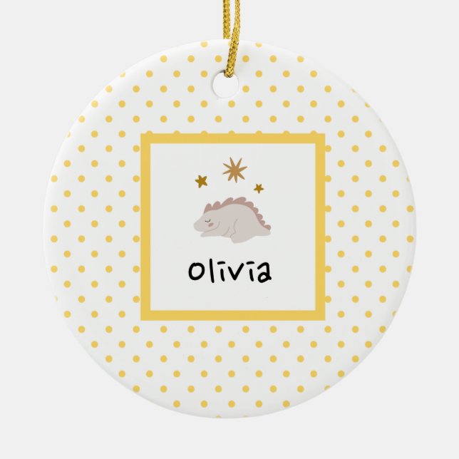 Pink Sleepy Baby Dino | Yellow Polka Dot Modern Keramik Ornament (Vorne)