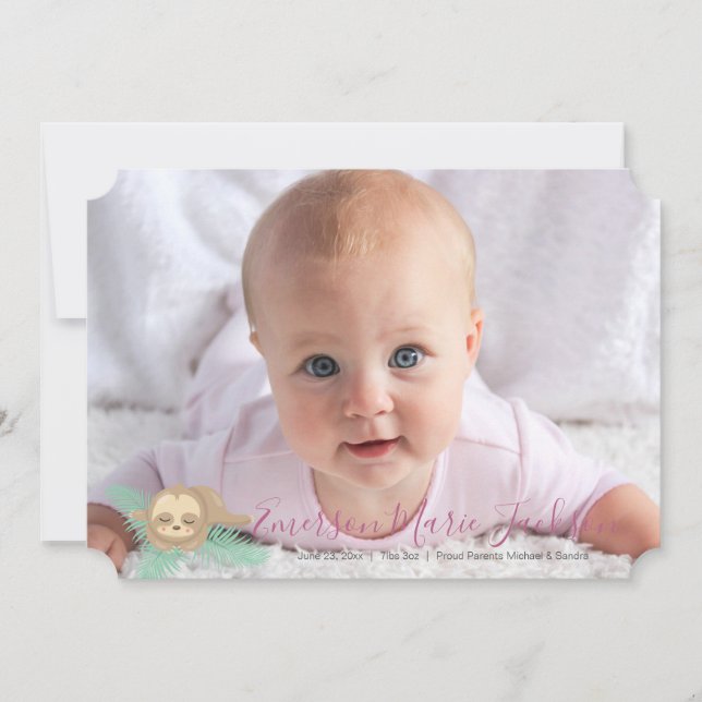 Pink Sleepy Baby Sloth Baby Photo Faire-part (Devant)