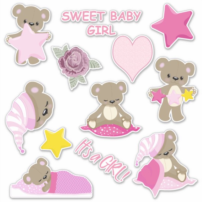 Pink Sleepy Teddy Bear Contour Aufkleber (Vorderseite)