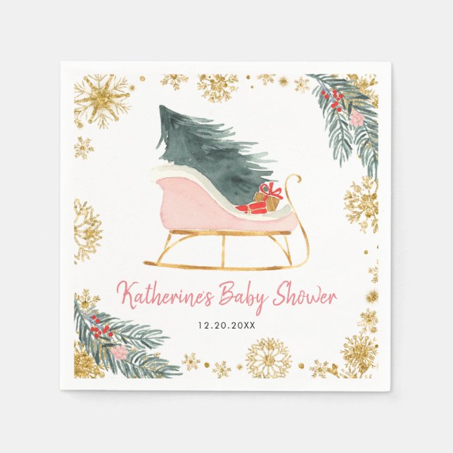 Pink Sleigh Baby Dusche Kleines Bündel Papier Napk Serviette (Vorderseite)