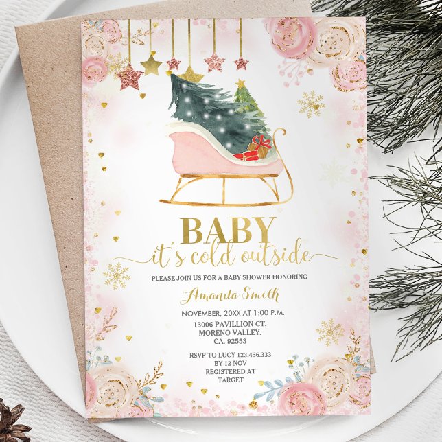 Pink Sleigh Floral Winter Baby Dusche Einladung (Von Creator hochgeladen)