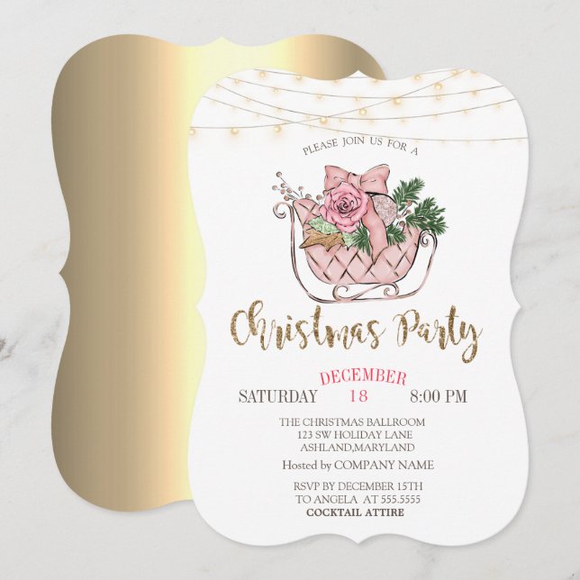 Pink Sleigh, Lights Gold Christmas Company Einladung (Vorne/Hinten)