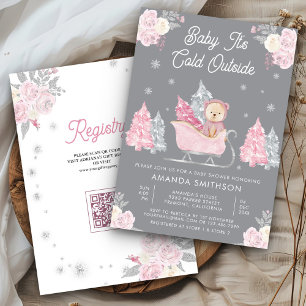 Pink Sleigh Niedlich Teddy Bear Gray Baby Dusche Einladung