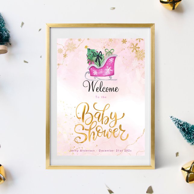 Pink Sleigh Winter Baby Dusche Willkommenspender Poster (Von Creator hochgeladen)