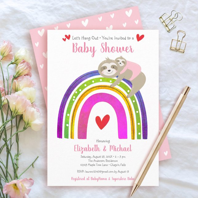 Pink Sloths Girl Baby Shower Boho Rainbow Kawaii Einladung (Von Creator hochgeladen)