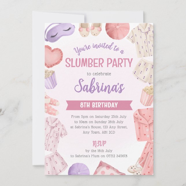 Pink Slumber Party Invitation - Girls Sleepover Einladung (Vorderseite)