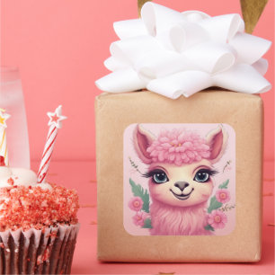 Pink Smiling Baby Lama Quadratischer Aufkleber