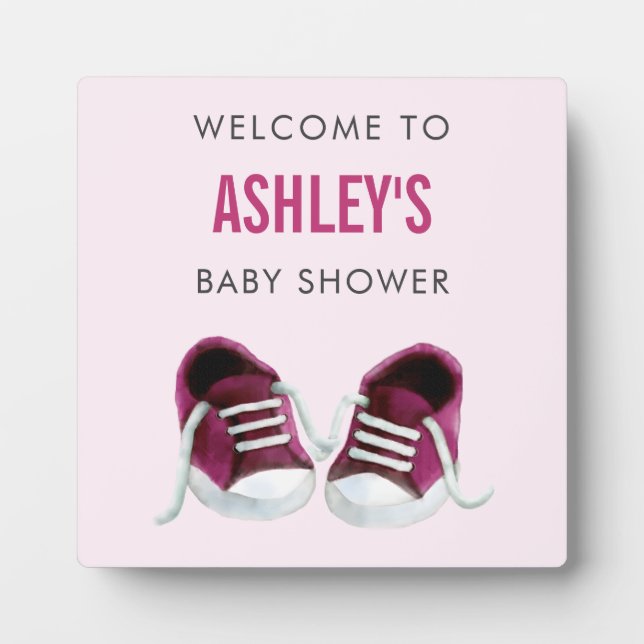 Pink Sneakers Baby Dusche Begrüßungsschild Plaque Fotoplatte (Vorderseite)