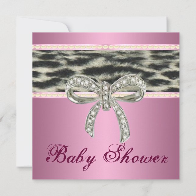 Pink Snow Leopard Diamond Bow Babydusche einladen Einladung (Vorderseite)