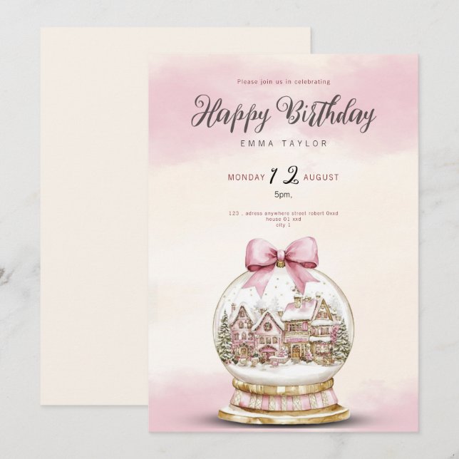  pink snowball birthday invitation einladung (Vorne/Hinten)