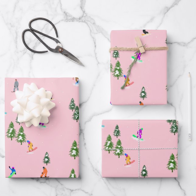 Pink Snowboarder Snowboarden Illustration Geschenkpapier Set (Vorderseite)