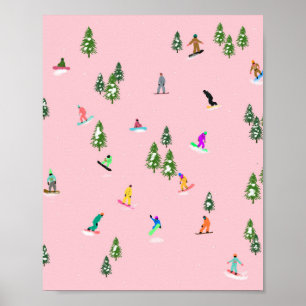 Pink Snowboarders Snowboarding Illustration Poster