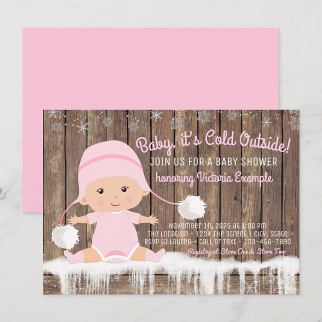 Pink Snowflake Baby mit kalter Außendusche Einladung (Vorne/Hinten)