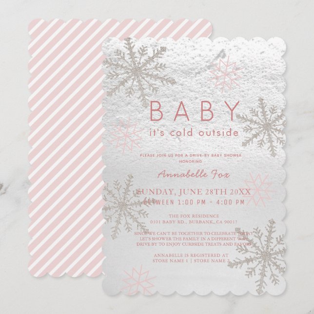 Pink Snowflake Baby mit kalter Baby-Dusche Einladung (Vorne/Hinten)