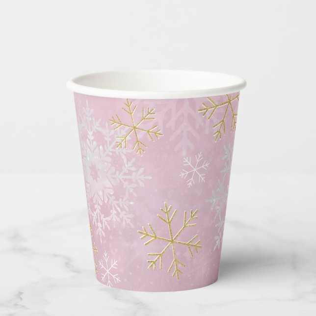 Pink Snowflake Babydusche Papiertüten Pappbecher (Vorderseite)