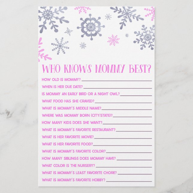 Pink Snowflake, der Mommy Baby Shower Game kennt Briefpapier (Vorderseite)
