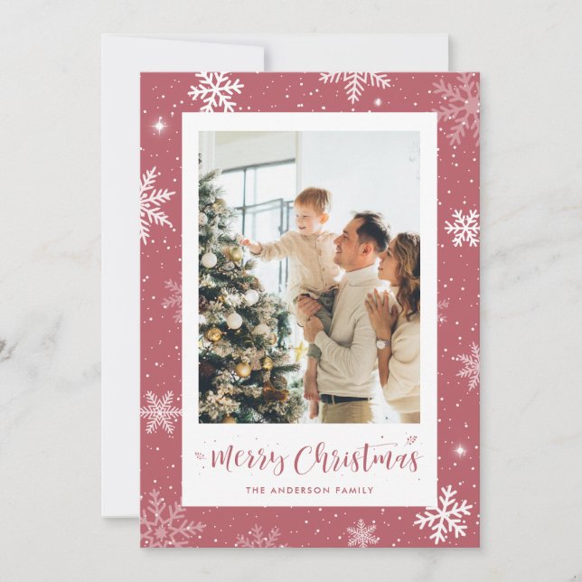 Pink Snowflake Foto Weihnachtskarte Feiertagskarte (Vorderseite)