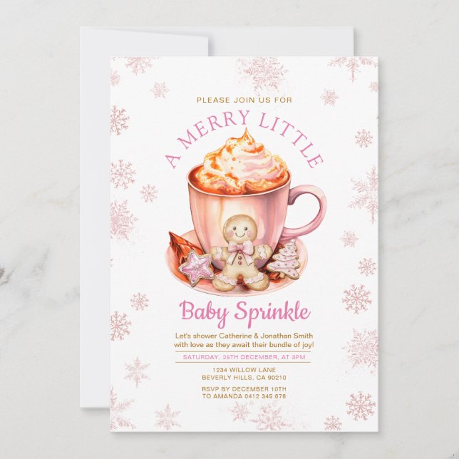 Pink Snowflake Gingerbread Christmas Baby Sprinkle Einladung (Vorderseite)