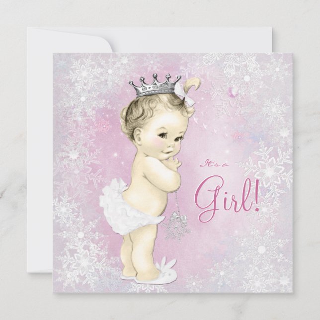 Pink Snowflake Girls Winter Wonderland Babydusche Einladung (Vorderseite)