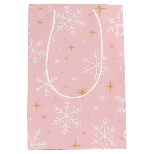 Pink Snowflake & Gold Sparkle Christmas Gift Bag  Mittlere Geschenktüte (Vorderseite)