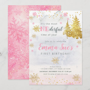 Pink Snowflake ONEderful Time of Year Birthday Einladung