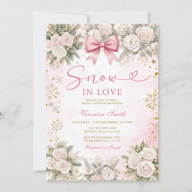 Pink Snowflake Snow in Love Winter Bridal Shower Einladung (Vorderseite)