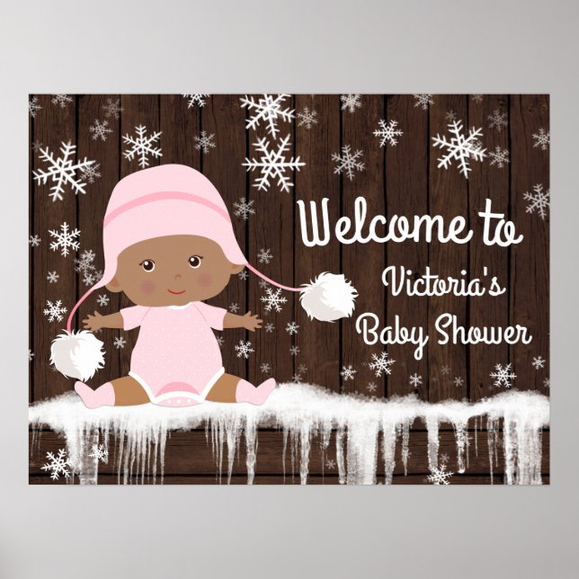 Pink Snowflake Winter Girl Babyduschzeichen Poster (Vorne)