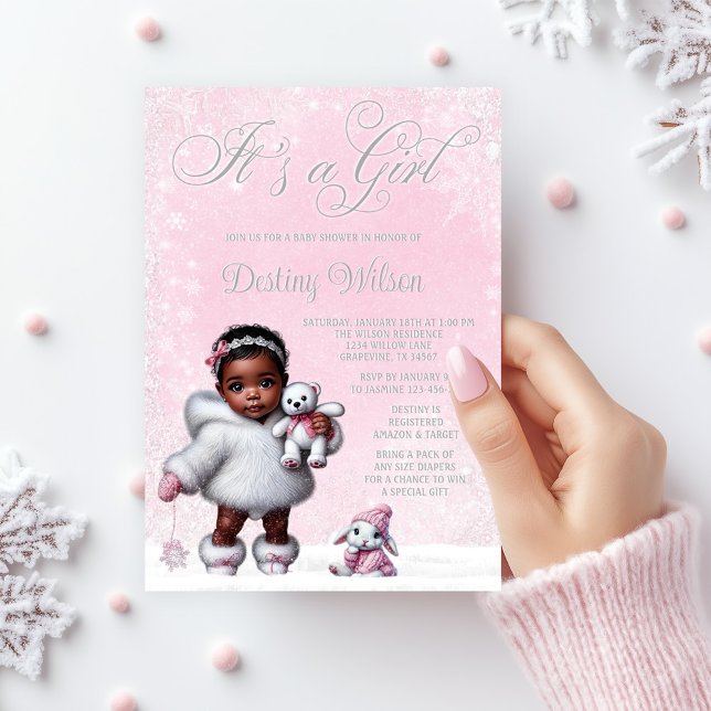 Pink Snowflake Winter Wonderland Babydusche Einladung (Adorable baby girl winter wonderland baby shower invitation. )